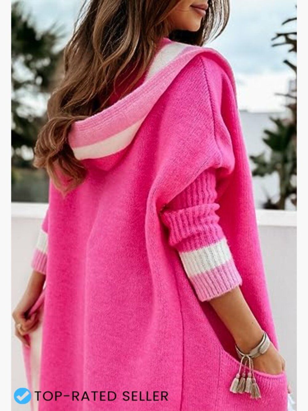 Color Block Vertical Striped Open Front Hooded Long Cardigan Sweater with - Picture 2 of 7